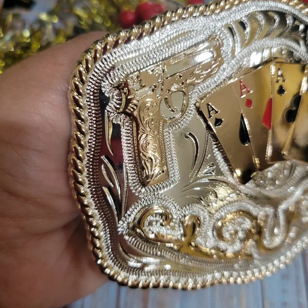 Four Aces Western Belt Buckle Cowboy Rodeo Buckle Silver & Rosetone Gun Accen